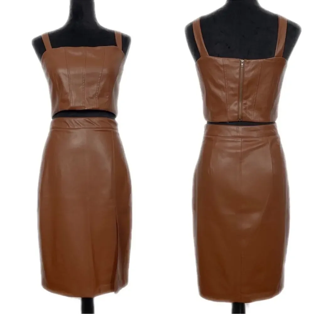 New JASON WU Faux Leather Chocolate Brown Midi skirt 2 Piece Set Large Vegan
